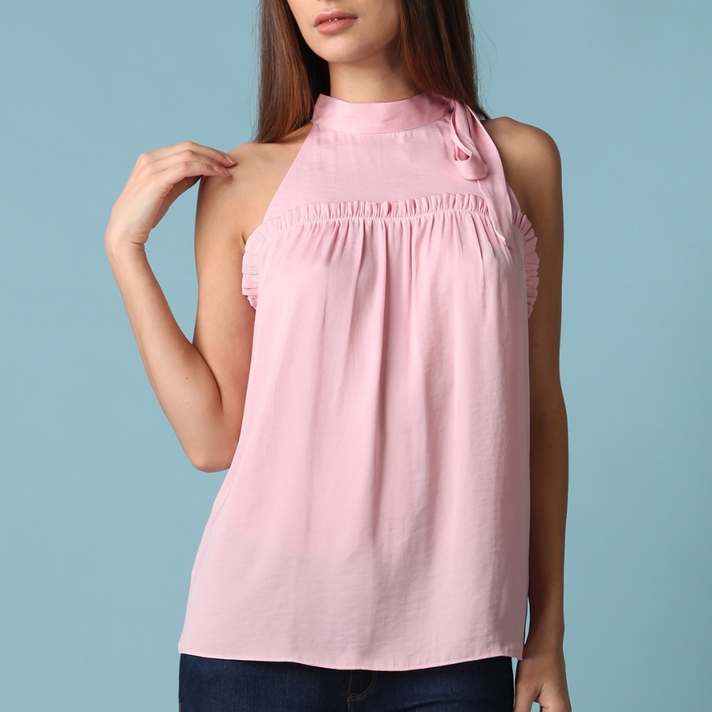 TIE MOCK NECK RUFFLE TOP  [MT110833]